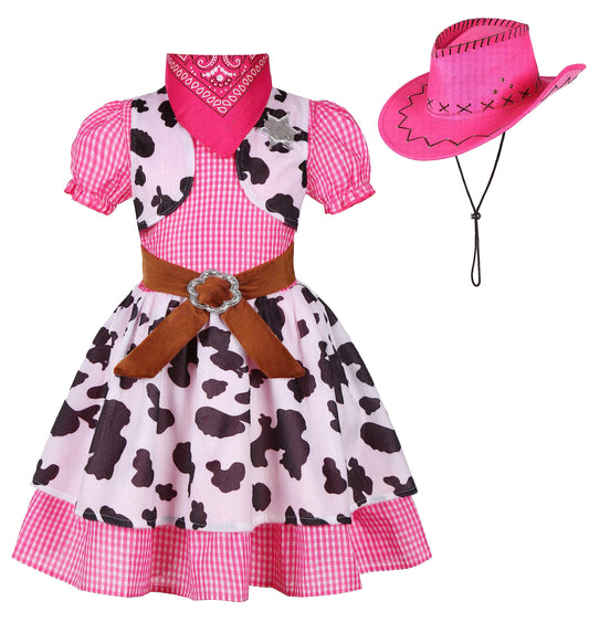 Ekoropshop Cowgirl Costume for girls West Cowgirl Halloween Outfit Dress with Pink Cowboy Hat-S