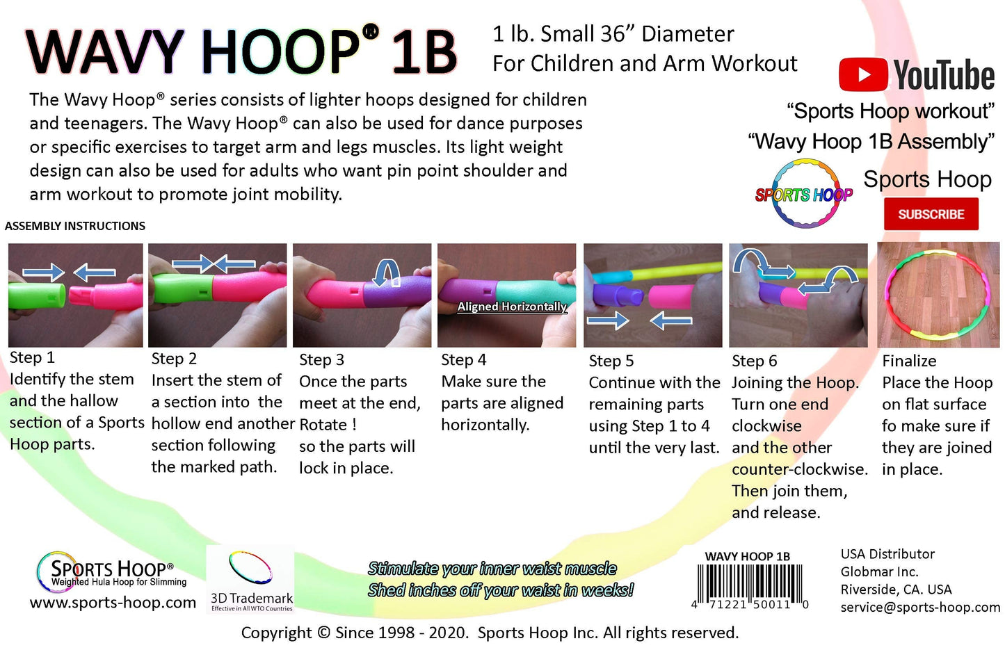 Exercise Hula Hoop: Wavy Hoop 1B - 1.0 lb Small, for Children use. Four neon Colors.