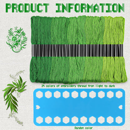Dercuy 25 Skeins Green Series Cross Floss Stitch Thread, 8m Cotton Embroidery Floss Set with Plastic Bobbins & Needle