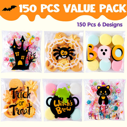 JOYIN 150 PCS Halloween Cellophane Treat Bags, Self Adhesive Clear Cookie and Candy Bags for Kids Trick or Treating, Small Goodie Gift Ziplock Bag Bulk for Halloween Party Favors Supplies in 6 Designs