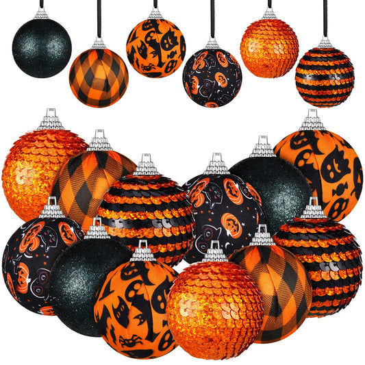 12 Pieces Halloween Ornament for Tree Halloween Day Ball Ornament Glitter Ghost Black Orange Ball Tree Decoration for Party Hanging Decor