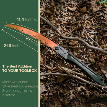 LAGOM Folding Camp Saw for Cutting Branches, 11.4" Curved Blade | SK5 Steel, Ergonomic Handle, One-Hand Use, Secure Lock | Foldable Pruning Tool for Camping, Gardening, Survival, Kayaking, Outdoors