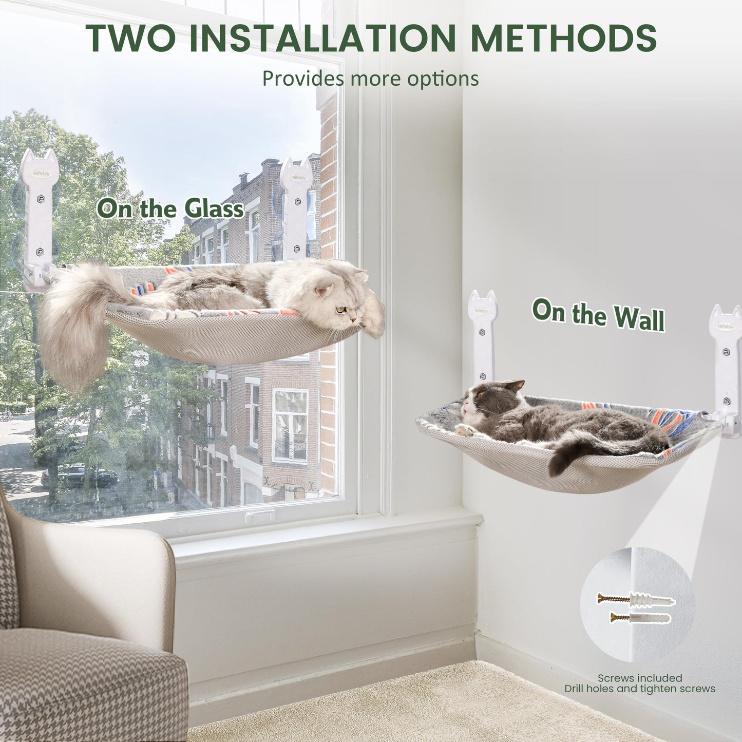 HiPetpy 2 Pack Cat Window Perch, Glow in The Dark Foldable Cat Hammock with Sunken Design & Removable Soft Cover, Breathable Cordless Window Bed for Resting Indoor Kitten (Shallow Perch, 2 Pack - M)