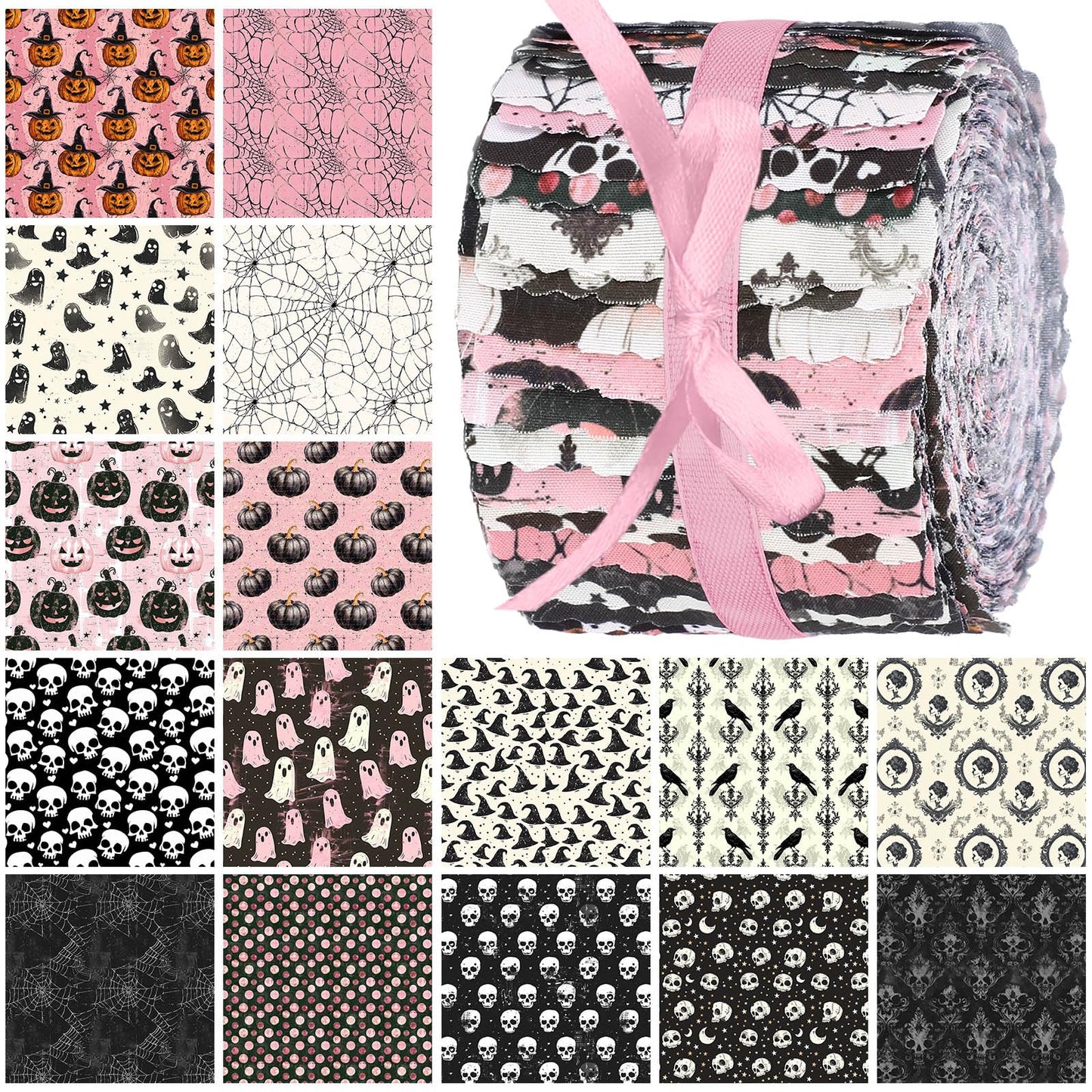 Hosuly 40 Pcs Pink Halloween Fabric Vintage Pumpkin Crow Skull Ghost Spiderweb Quilting Fabric Patchwork Roll Halloween Quilting Strips 2.55 Inch Precut for Sewing Material DIY Crafts