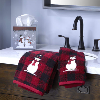SKL Home Christmas Woodland Winter Snowman Hand Towel 2pc Set for Bath/Kitchen & Gift, Red