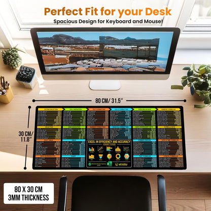 Excel Shortcuts Mouse Pad - Extended XL Office Keyboard Mat (31.5" x 11.8") Inch, Excel Mouse Pad Shortcuts, Stitched Edges | Non-Slip Base Excel Cheat Sheet Desk Pad