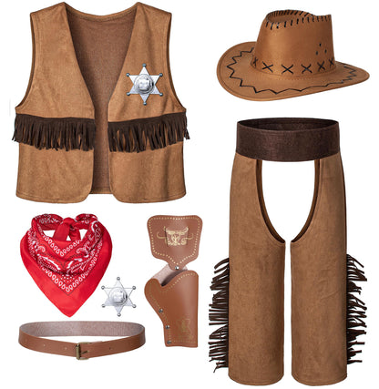 Cowboy Costume for Boys 7pcs Set Kids Dress Up Birthday Party Halloween Cosplay 8-10 Years