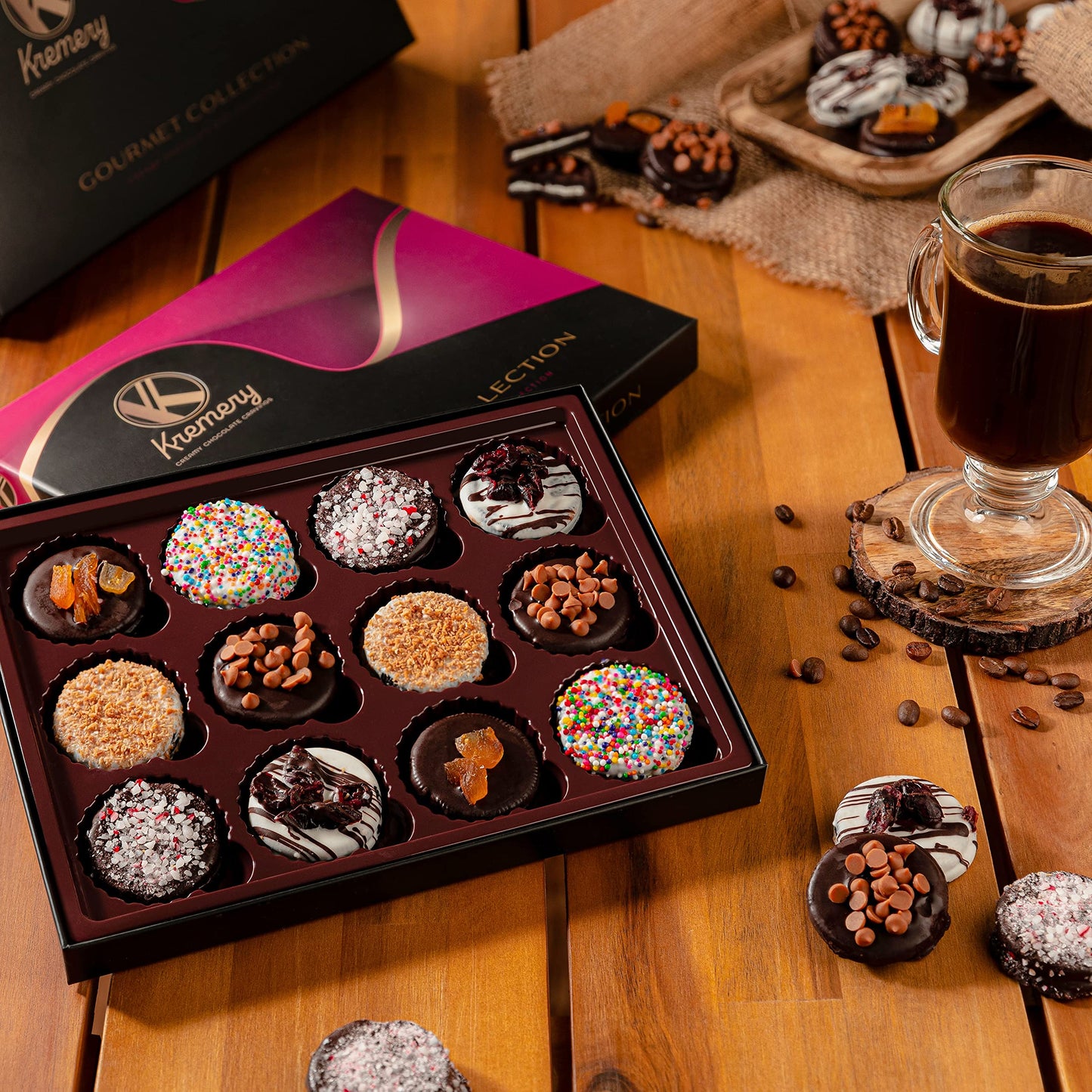 KREMERY Creamy Chocolate Cravings - Chocolate Covered Sandwich Cookies & Cream Gift Basket, in Elegant Gift Box (12 Cookies, Assorted Sweet Toppings) Food Assortments USA Made