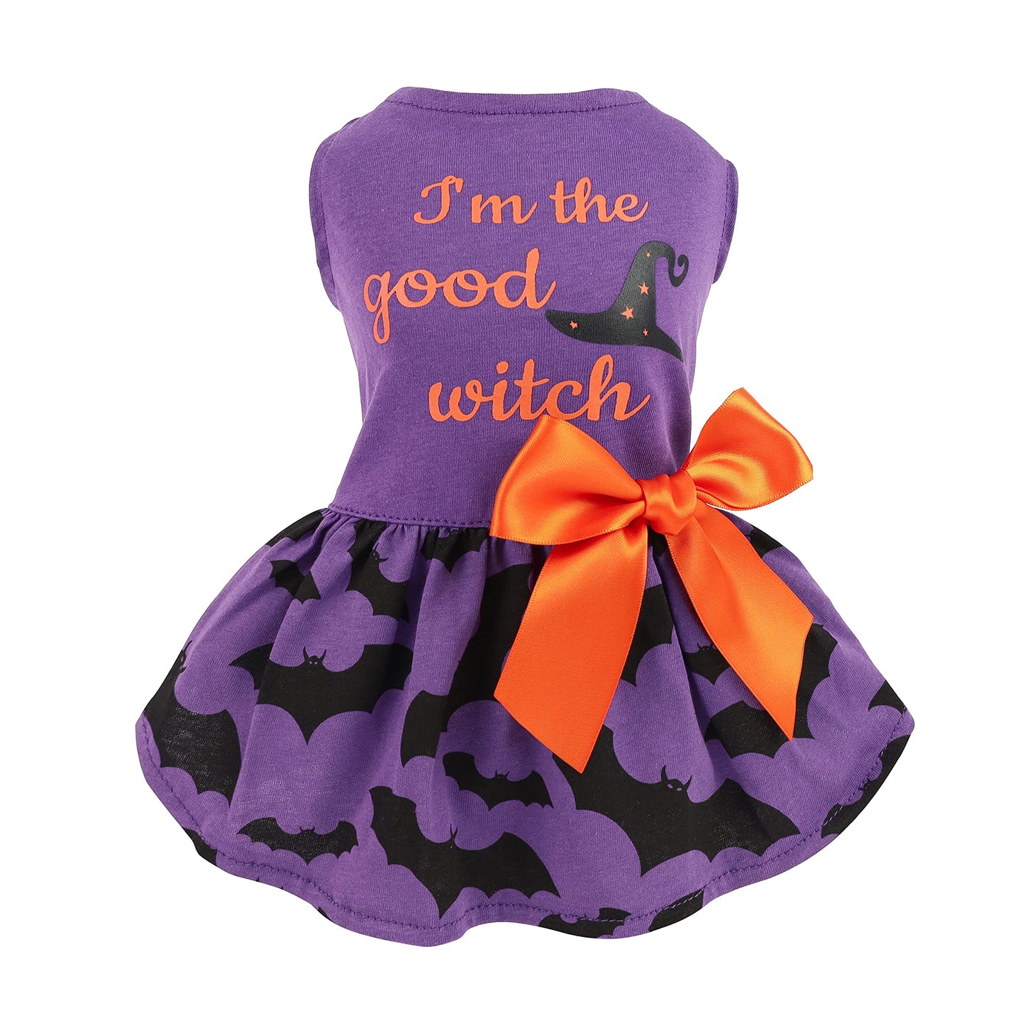 Fitwarm 100% Cotton I'm The Good Witch Halloween Dog Costume Puppy Dress Doggie Party One Piece with Bowknot Pumkin Bat Pet Vest Shirt Holiday Cat Outfits Purple X-Small