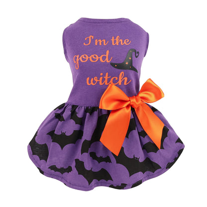 Fitwarm 100% Cotton I'm The Good Witch Halloween Dog Costume Puppy Dress Doggie Party One Piece with Bowknot Pumkin Bat Pet Vest Shirt Holiday Cat Outfits Purple X-Small