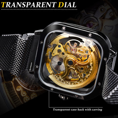 FORSINING Square Automatic Watches Mechanical Wrist Watch Black for Mens Skeleton Watches with Stainless Steel Transparent Dial with Royal Flower Movement Carving