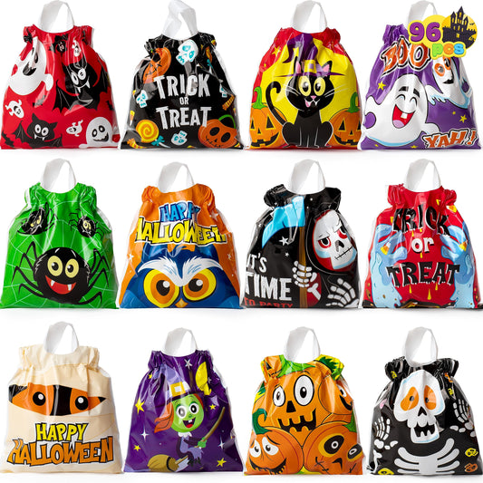 JOYIN 96PCS Halloween Drawstring Treat Bags, 6"x6" Halloween Goodie Candy Bags, 12 Designs Goody Gift Bag Bulk for Kids Boys Girls Trick or Treating, Classroom Party Favor Supplies