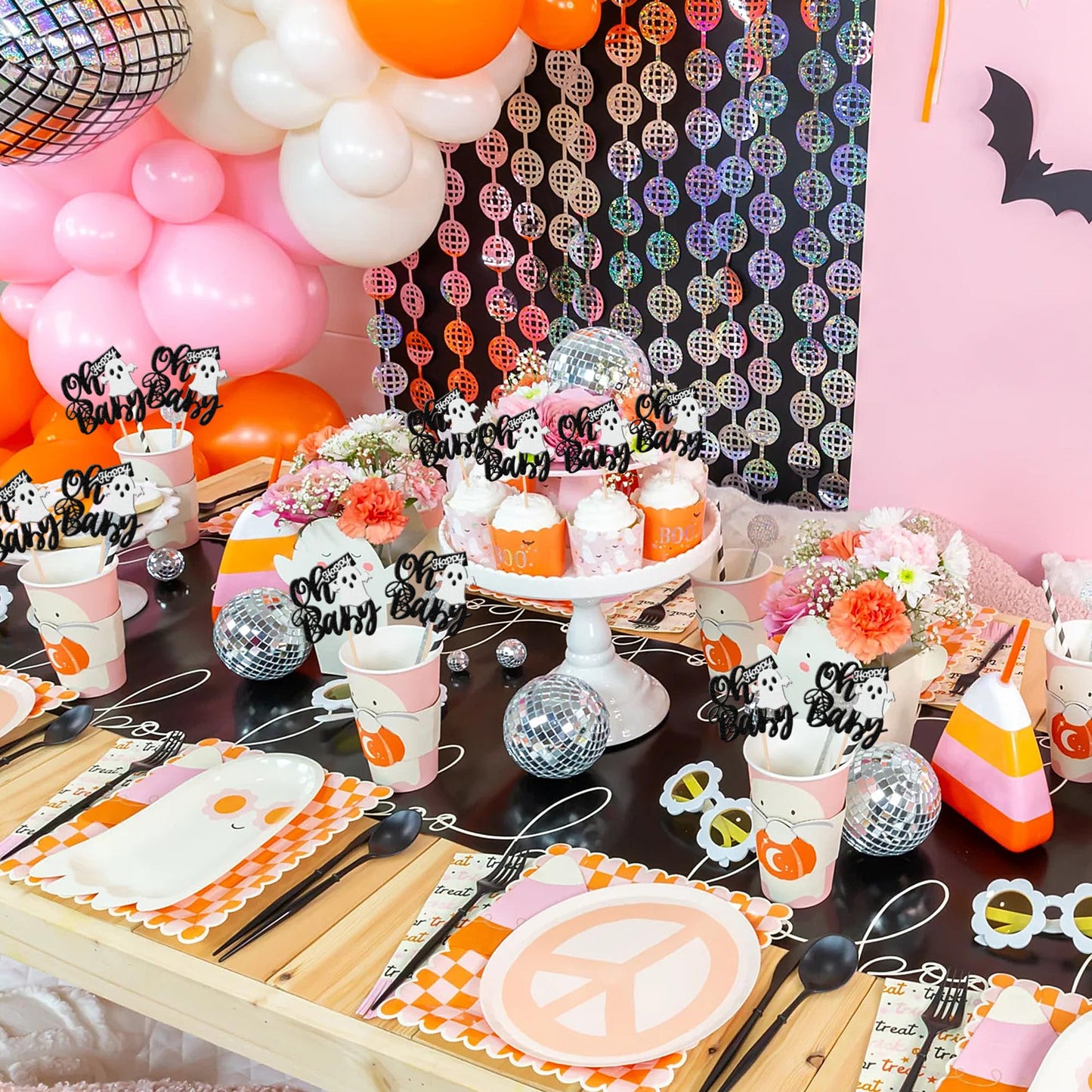 24 PCS Halloween Ghost Oh Baby Cupcake Toppers Glitter Spooky Baby Shower Cupcake Picks for Halloween Theme Baby Shower Kids Birthday Party Cake Decorations Supplies