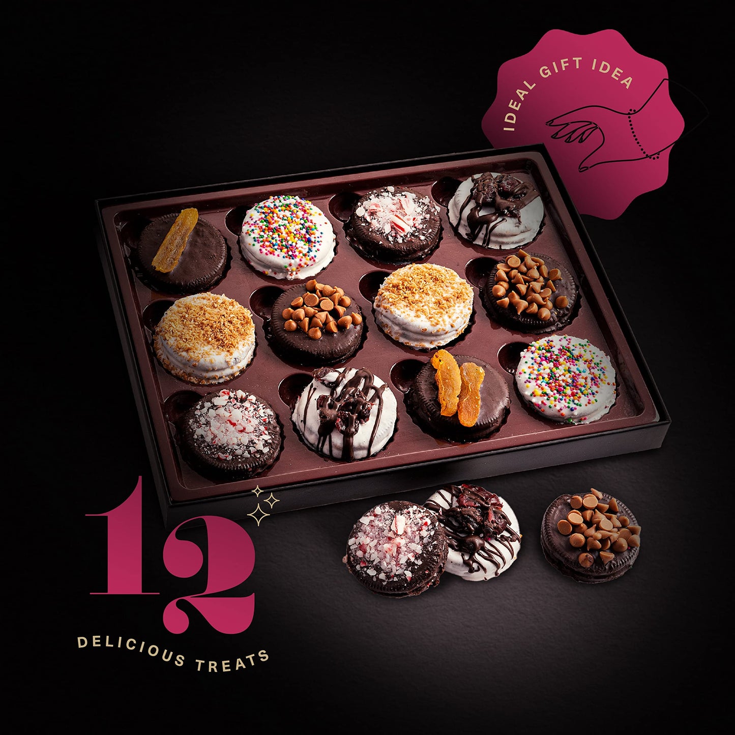 KREMERY Creamy Chocolate Cravings - Chocolate Covered Sandwich Cookies & Cream Gift Basket, in Elegant Gift Box (12 Cookies, Assorted Sweet Toppings) Food Assortments USA Made