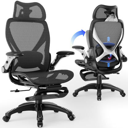 ELABEST X100 Ergonomic Office Chair with Footrest, Big and Tall Home Desk Chair with 5D Flip-Up Arms, Adjustable 3D Adaptive Lumbar Support,High Back Rolling Computer Chair, Swivel Gaming Mesh Chairs