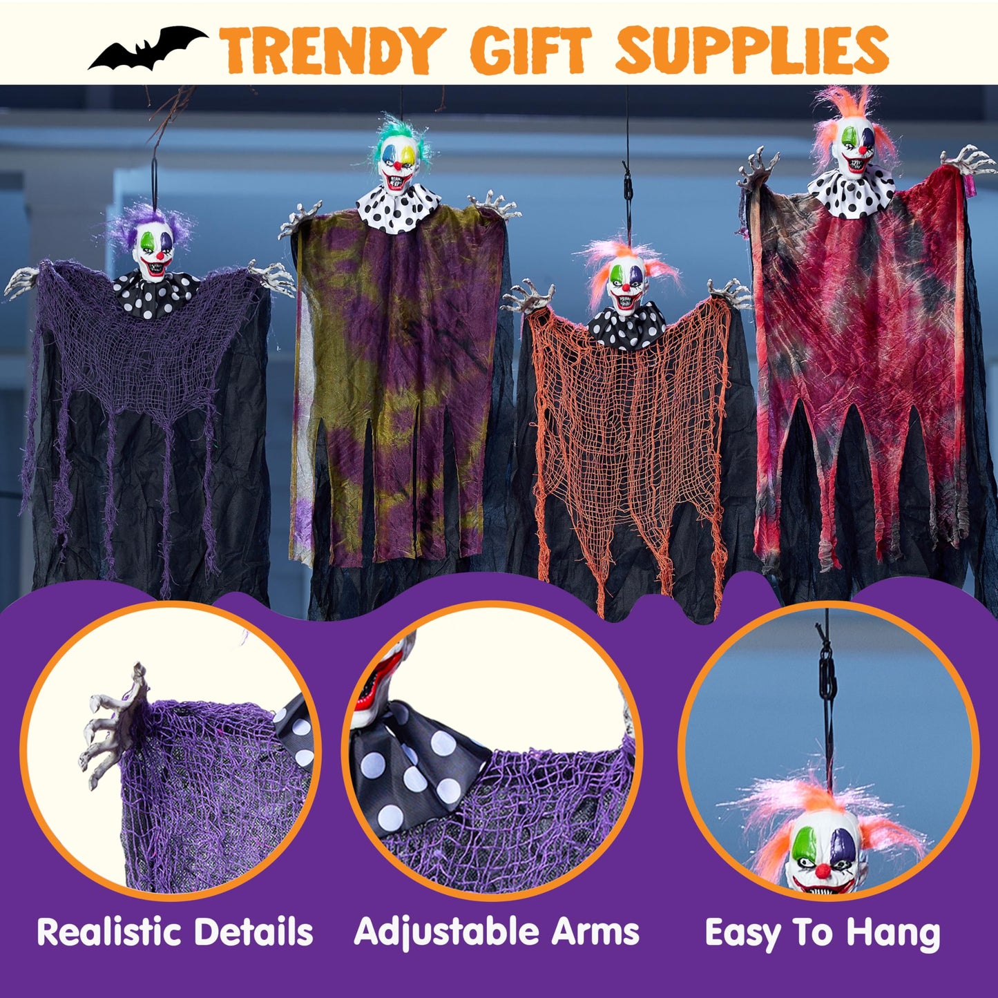 JOYIN 4 Pcs 29” Hanging Clown Halloween Decorations Outdoor, Haunted House Decor Props Front Porch Party Supplies Garden Yard Lawn Scary Horror