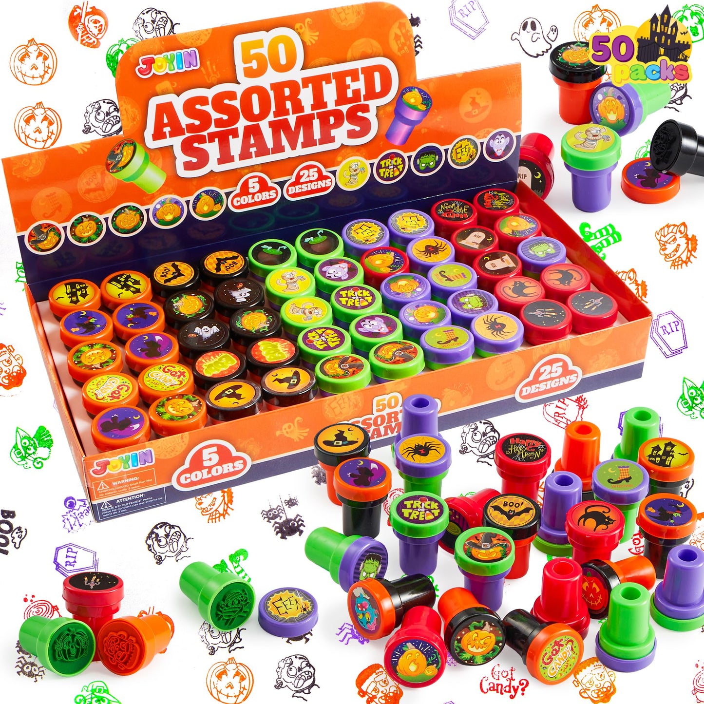 JOYIN 50 Pcs Halloween Stamps for Kids, 25 Designs Assorted Plastic Stamps Bulk, Trick Or Treat Stampers for Halloween Party Favor Gifts, Halloween Goodie Bag Fillers Classroom Game Prizes