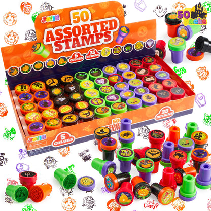 JOYIN 50 Pcs Halloween Stamps for Kids, 25 Designs Assorted Plastic Stamps Bulk, Trick Or Treat Stampers for Halloween Party Favor Gifts, Halloween Goodie Bag Fillers Classroom Game Prizes