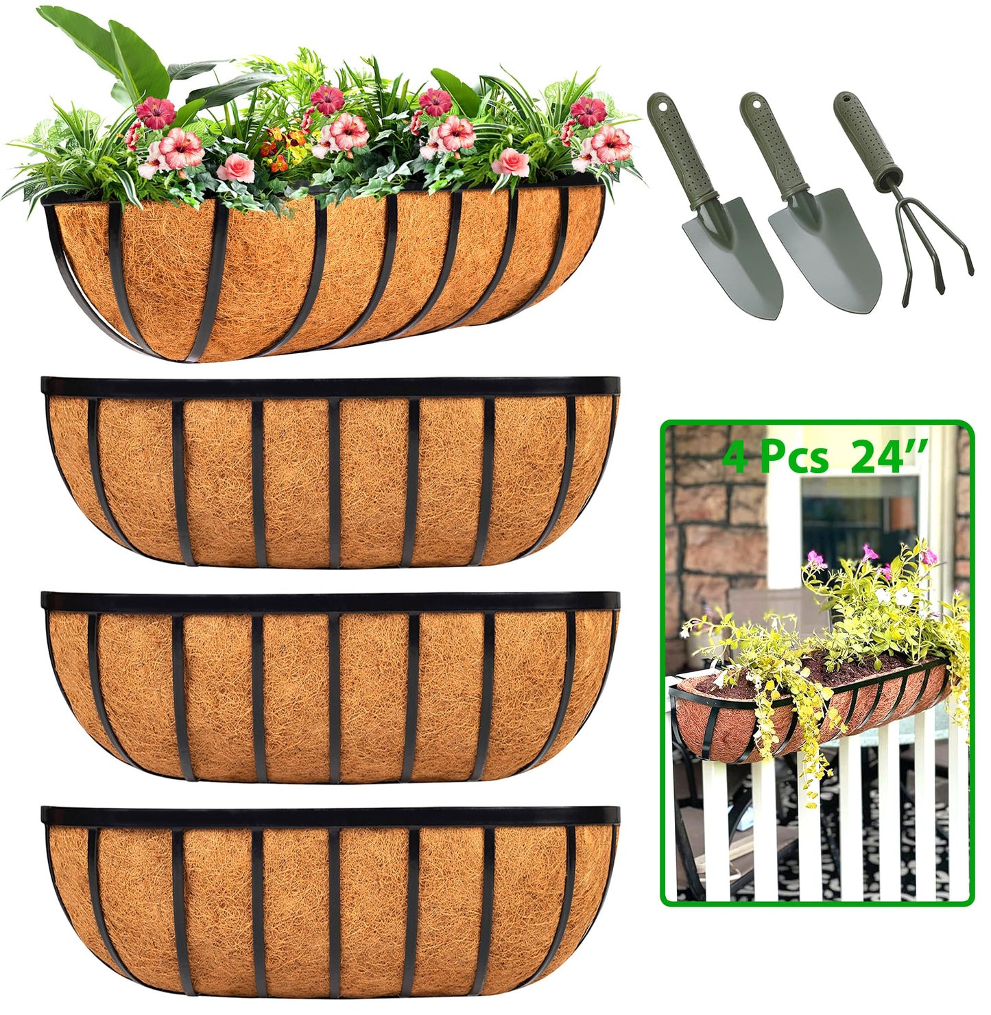 LCHUANG Railing Planter Window Box - 4 Pack 24 Inch Deck Balcony Rail Planter with Coconut Coir Liner, Fence Metal Hanging Flower Basket Deck Railing Planter Boxes for Outdoor Garden