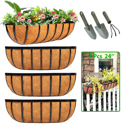 LCHUANG Railing Planter Window Box - 4 Pack 24 Inch Deck Balcony Rail Planter with Coconut Coir Liner, Fence Metal Hanging Flower Basket Deck Railing Planter Boxes for Outdoor Garden