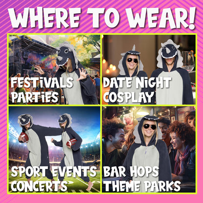 Funziez! Adult Onesie Halloween Costume - Animal Dinosaur Shark - Unisex Plush One Piece Cosplay Suit, Men and Women (Large, Triceratops Grey)