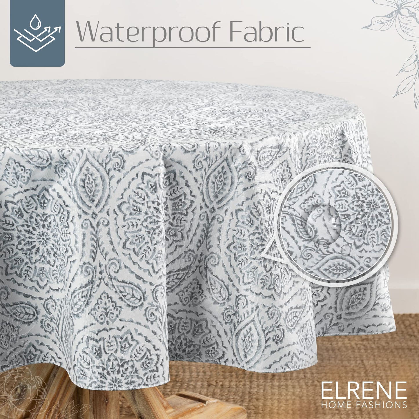 Elrene Home Fashions Savannah Boho Paisley Water- and Stain-Resistant Vinyl Tablecloth with Flannel Backing, 70 Inches X 70 Inches, Round, Gray