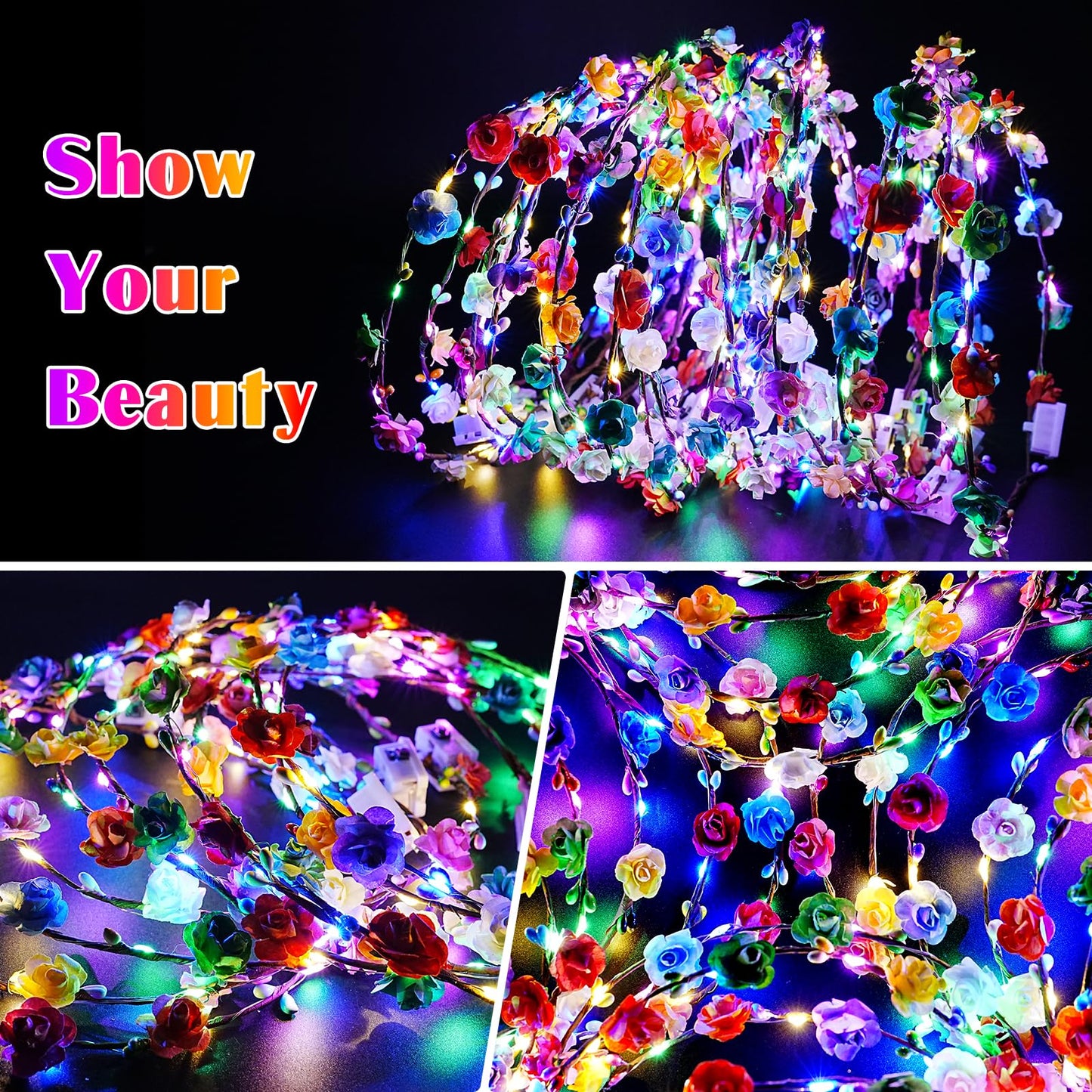 HONLYNE 24 PCS LED Flower Crowns Headbands, Light Up Flower Crowns for Women & Girls, Glow in The Dark Flower Hairbands Wreath for Wedding Beach Party Birthday Cosplay Gifts, Halloween, Christmas