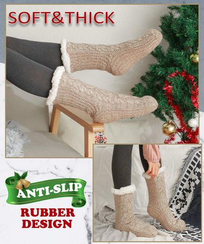 EBMORE Women Slipper Fuzzy Socks Fluffy Cozy Cabin Warm Winter Soft Thick Comfy Fleece Christmas Anti Slip Home Stocking Stuffer(Light Khaki)