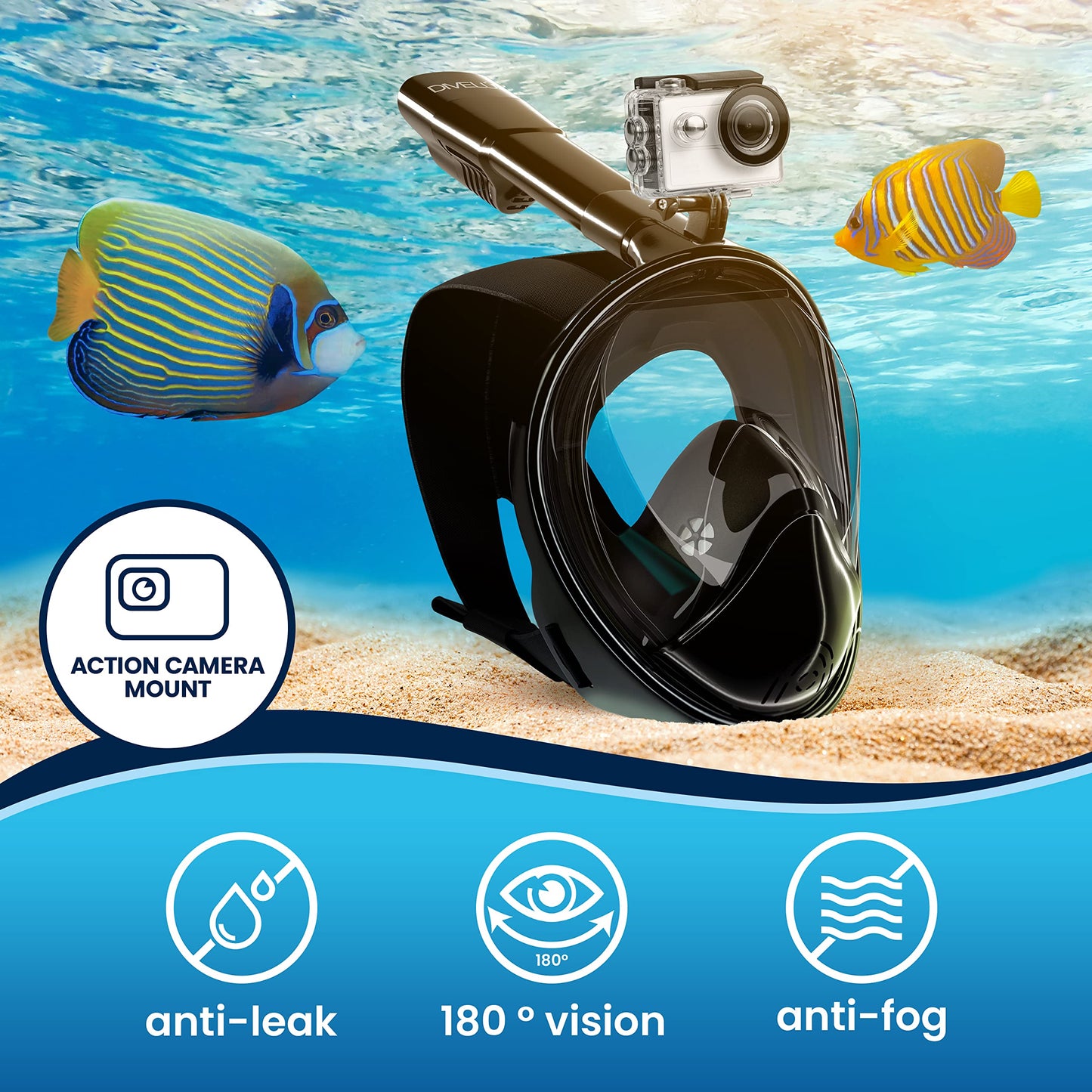 DIVELUX Full Face Snorkel Mask - Black S/M - Innovative Snorkeling Mask - Premium Snorkeling Gear Adults - 180 Panoramic View Scuba Mask - Anti-Fog Anti-Leak Diving Mask w/ Waterproof Case and E-Book