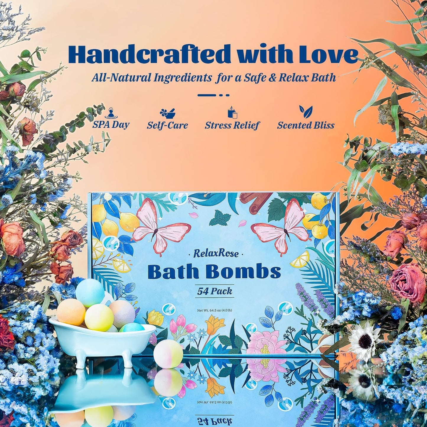 54 Pack Handmade Bath Bombs – 11 Vibrant Colors & 9 Unique Scents, Long-Lasting Fizzy Bubbles & Colorful Magic, 7-Minute Dissolve for Relaxation, Perfect for Birthdays & Summer Self-Care