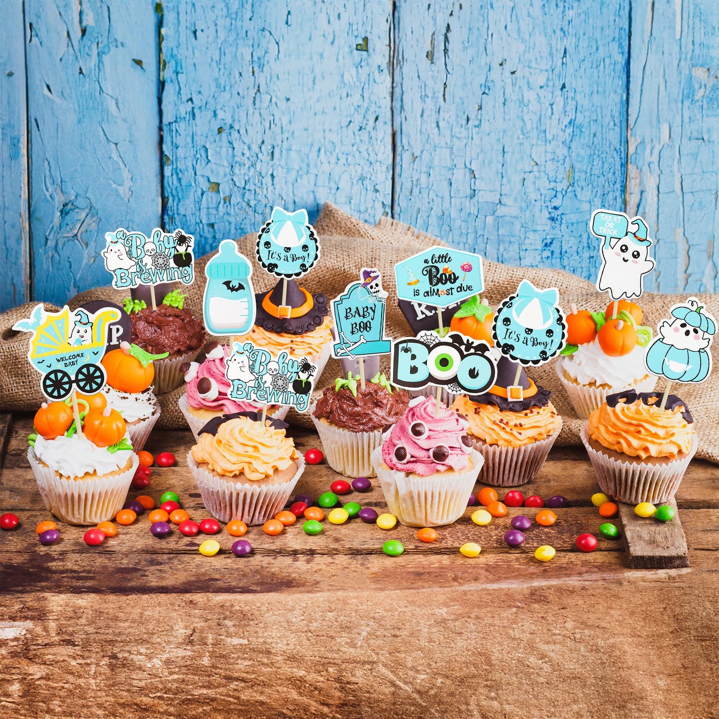 Gyufise 36Pcs Baby Shower Halloween Cupcake Toppers Ghost Bat A Baby is Brewing Cupcake Picks Baby Boo It's a Girl Cake Decorations for Halloween Theme Baby Shower Girls Birthday Party Supplies Blue