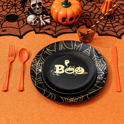 ISFANGCO 150PCS Plastic Spoof Black Dinnerware Set for 25 Guests with Gold Spider Web & Smiley Pumpkin,Heavy Duty Plastic Orange Disposable Cutlery,Gold Witch Printed Black Cups