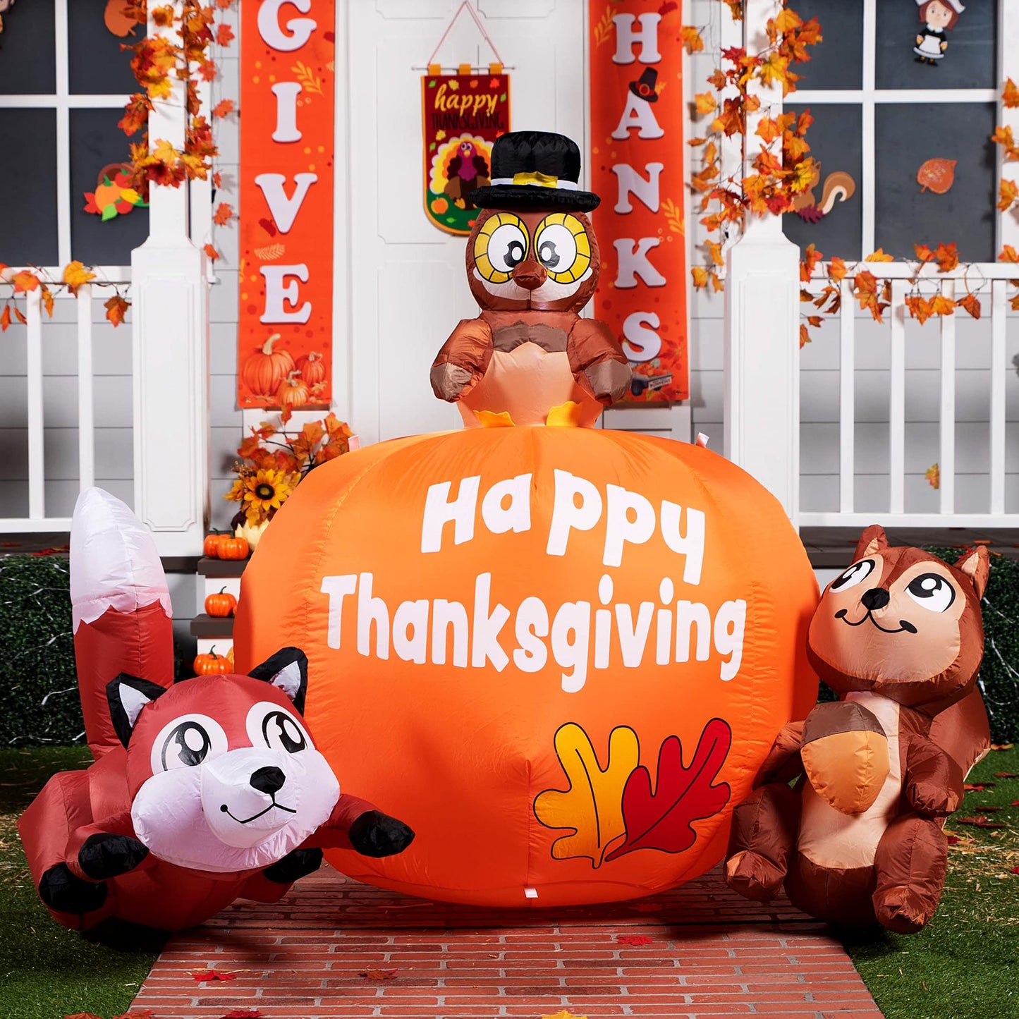 Joiedomi 6 FT Tall Thanksgiving Inflatable Turkey on Pumpkin, Inflatable Racoon and Squirrel with Build-in LEDs Blow Up Inflatables for Thanksgiving Party Outdoor, Yard, Garden, Lawn Fall Decorations