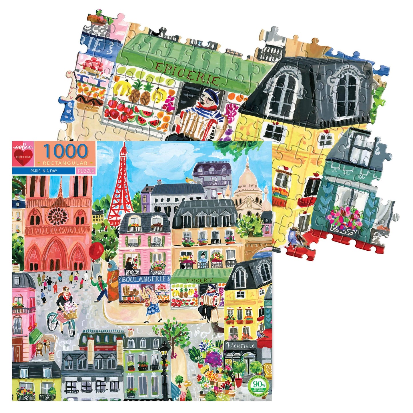 eeBoo: Piece and Love Paris in a Day 1000 Piece Rectangular Adult Jigsaw Puzzle, Puzzle for Adults and Families, Glossy, Sturdy Pieces and Minimal Puzzle Dust