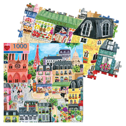 eeBoo: Piece and Love Paris in a Day 1000 Piece Rectangular Adult Jigsaw Puzzle, Puzzle for Adults and Families, Glossy, Sturdy Pieces and Minimal Puzzle Dust
