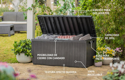 Keter Cushion Box, Rainproof, Balcony Springwood Cushion Storage Box, Brown, 123 x 53.5 x 57 cm, 305 L, 17202488