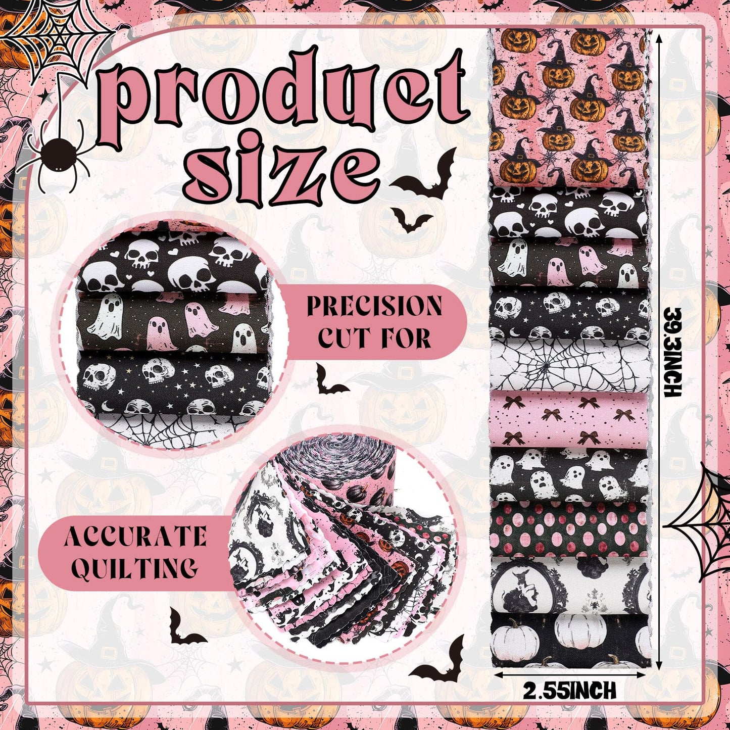 Hosuly 40 Pcs Pink Halloween Fabric Vintage Pumpkin Crow Skull Ghost Spiderweb Quilting Fabric Patchwork Roll Halloween Quilting Strips 2.55 Inch Precut for Sewing Material DIY Crafts