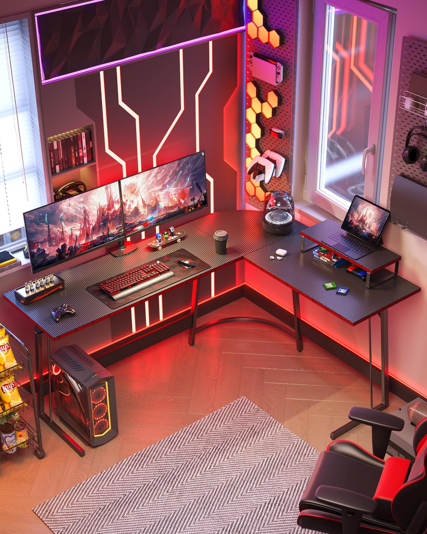 CubiCubi L Shaped Gaming Desk Computer Office Desk with Carbon Fiber Surface, 47 inch Corner Desk with Large Monitor Stand for Home Office Study Writing Workstation, Black Carbon Fiber