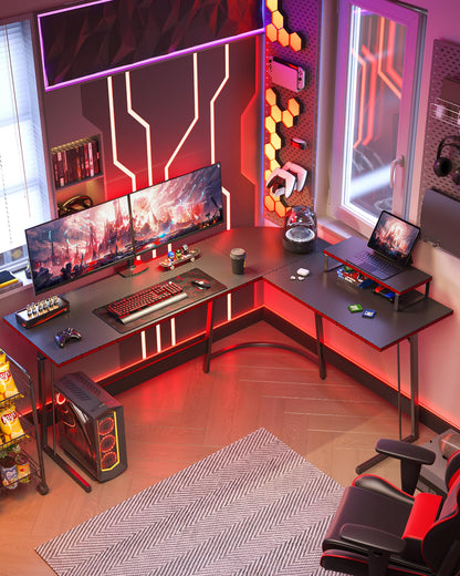 CubiCubi L Shaped Gaming Desk Computer Office Desk with Carbon Fiber Surface, 47 inch Corner Desk with Large Monitor Stand for Home Office Study Writing Workstation, Black Carbon Fiber