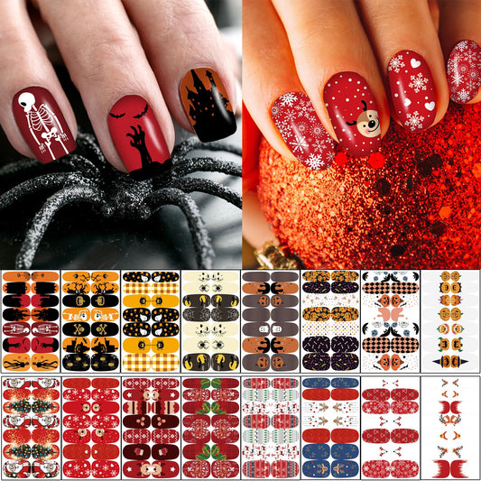 16 Sheets Holiday Nail Wraps Stickers, Halloween & Christmas All Seasonal Full Nail Polish Strips, DIY Self-Adhesive Fall Winter Nail Art Decals with 2 Piece Nail Files for Party Decor (224 Pieces)