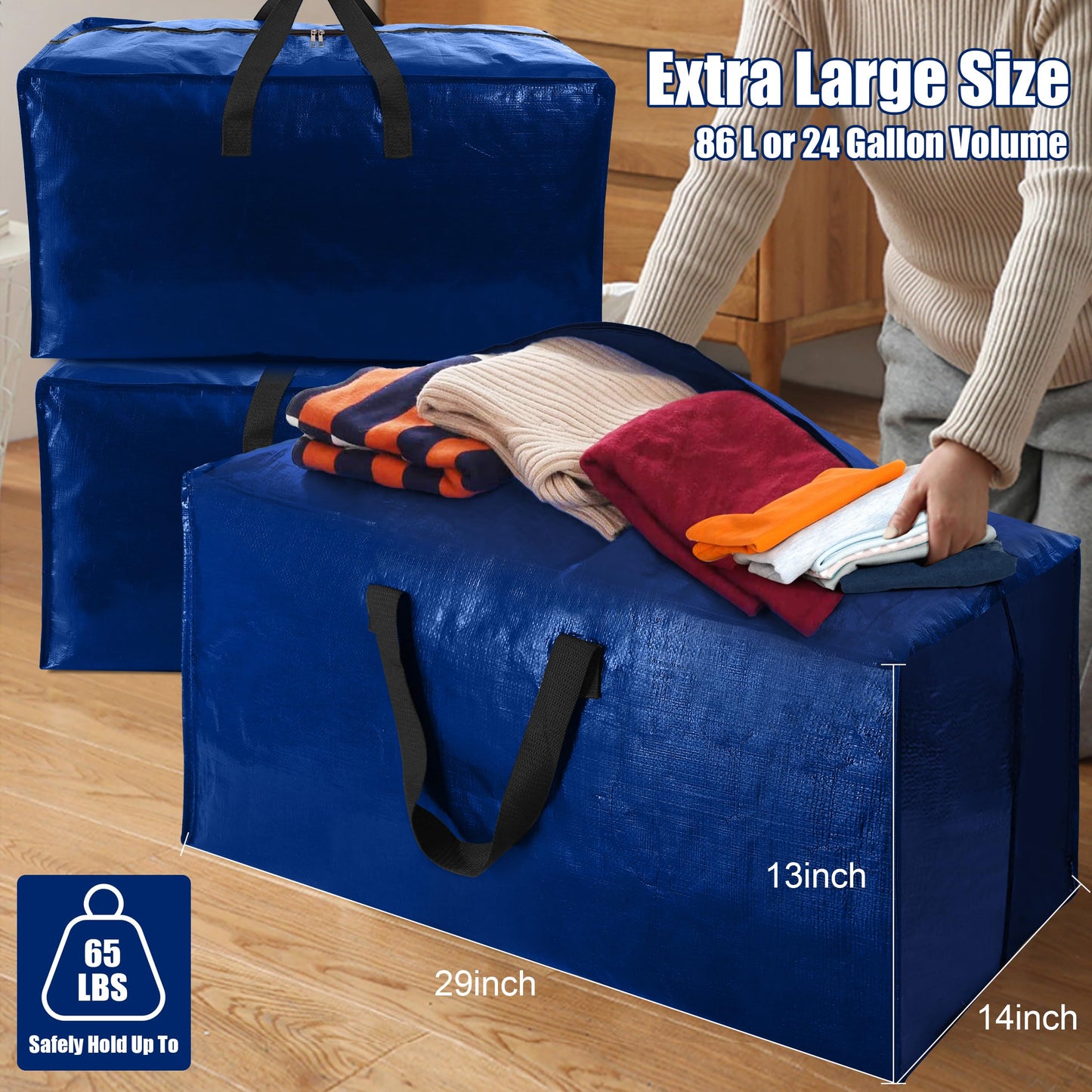 Cosy Family 4 Pack Heavy Duty Extra Large Moving Bags with Backpack Straps - Strong Handles & Zippers, Storage Totes For Space Saving, Fold Flat, Alternative to Moving Box (X-Large-Set of 4, Blue)