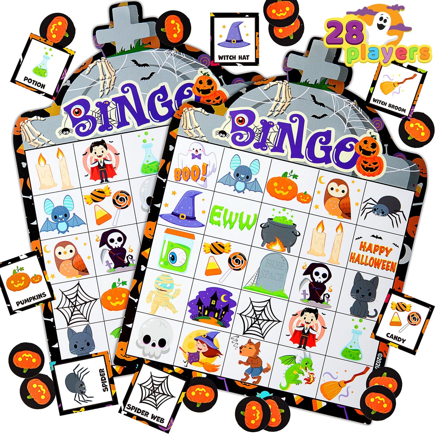 JOYIN 28 Players Halloween Bingo Game Cards for Kids, Halloween Bingo Cards for Classroom School Family Group Activities, Halloween Party Adults Kids Indoor Card Games