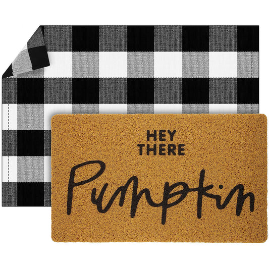 Fabbay 2 Pcs Fall Halloween Welcome Doormat - Hey There Pumpkin & Black White Buffalo Plaid | Layered Welcome Mat for Front Door, Porch, Indoor Outdoor Rug Autumn Xmas Decor