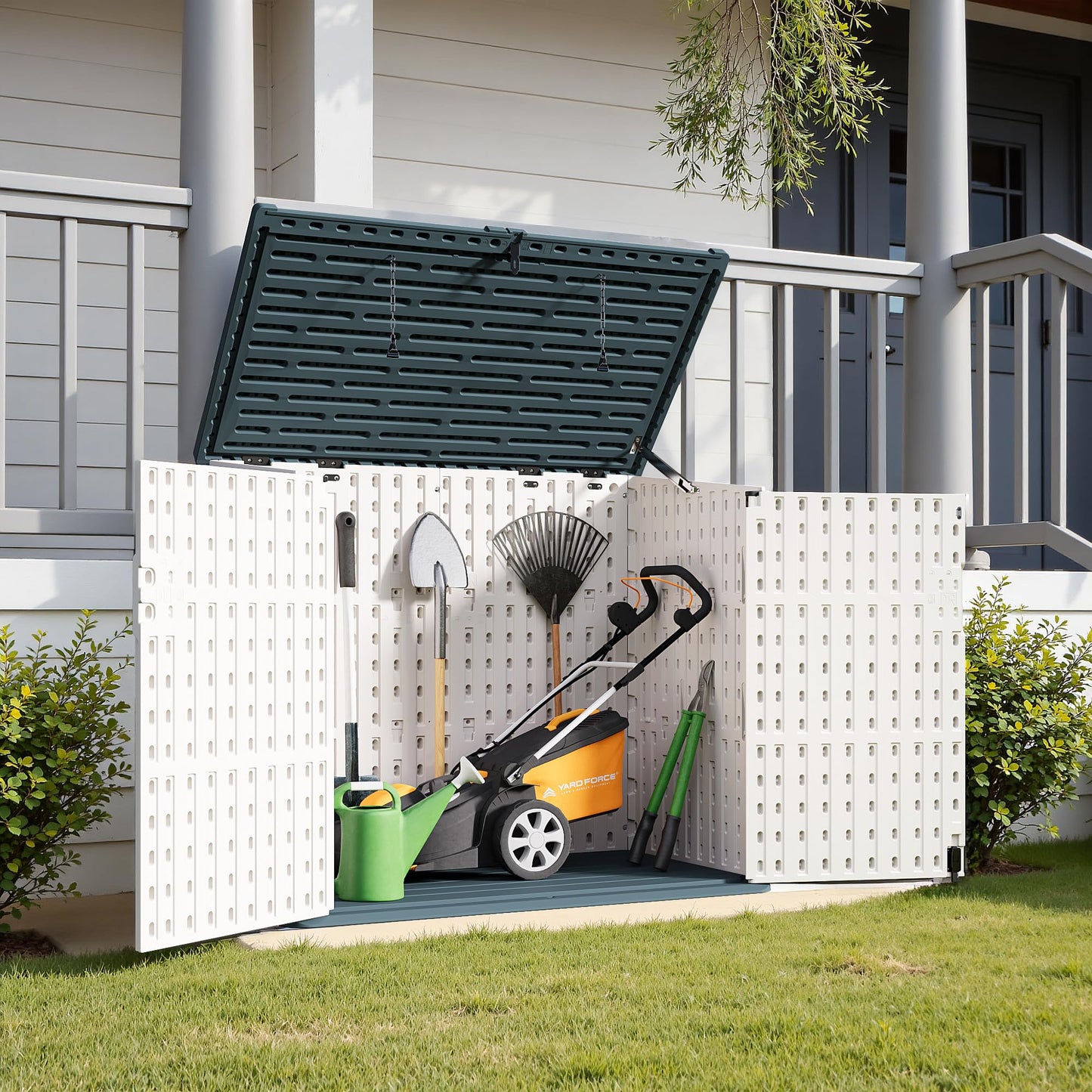 Greesum Outdoor Resin Storage Shed, 34 Cu.ft Horizontal Outdoor Storage Box Waterproof for Garden, Pool Storage, Garbage Cans, Beige