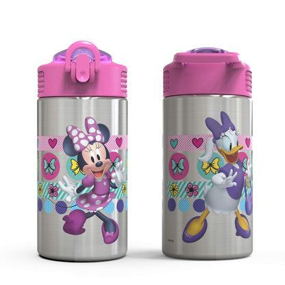 Zak Designs Disney Minnie’s Happy Helpers - Stainless Steel Water Bottle with One Hand Operation Action Lid and Built-in Carrying Loop, Kids Water Bottle with Straw Spout (15.5 oz, 18/8, BPA Free)