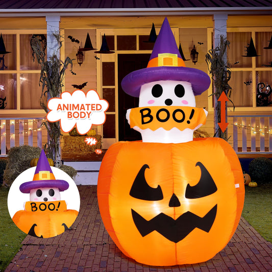 Joiedomi 5ft Tall Halloween Animated Inflatables Outdoor Decorations, Inflatable Ghost on Pumpkin with LEDs, Cute Blow Up Pumpkin Ghost Decor for Outside Yard Outdoor Lawn Garden Party Decoration
