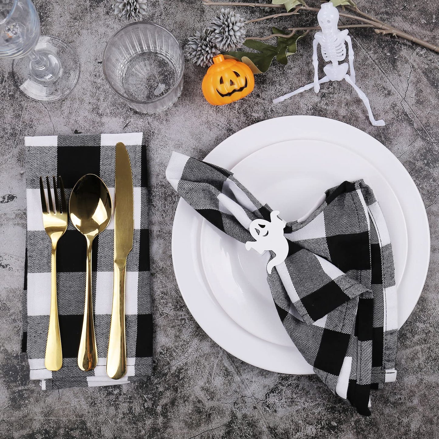 Ghost Napkin Rings Set of 12, White and Black Ghost Napkin Buckle for Halloween Holiday Birthday Party Decoration