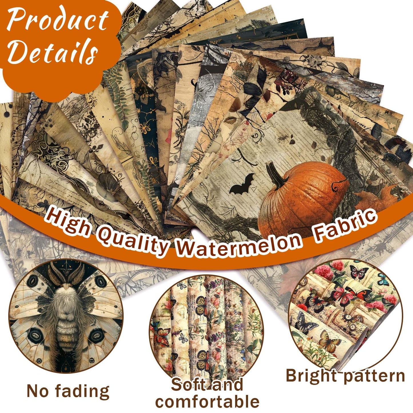 Ganeen 60 Pcs 10 x 10 Inch Vintage Halloween Quilting Fabric Squares Retro Halloween Fat Patchwork Precut Strips Rustic Crow Skull Fabric Bundles for Holiday DIY Craft Sewing Quilt Material Handmade