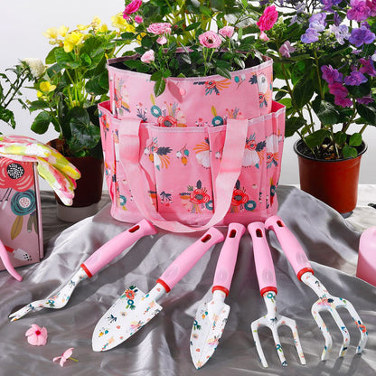 Floral Garden Tools Set,Heavy Duty Gardening Tools for Gardener,Gardening Gifts for Women,Storage Tote Bag,Sleeves,Gloves,Trowel,Transplanter,Rake,Weeder,Cultivator,Pruner,Succulent Hand Tools,Pink