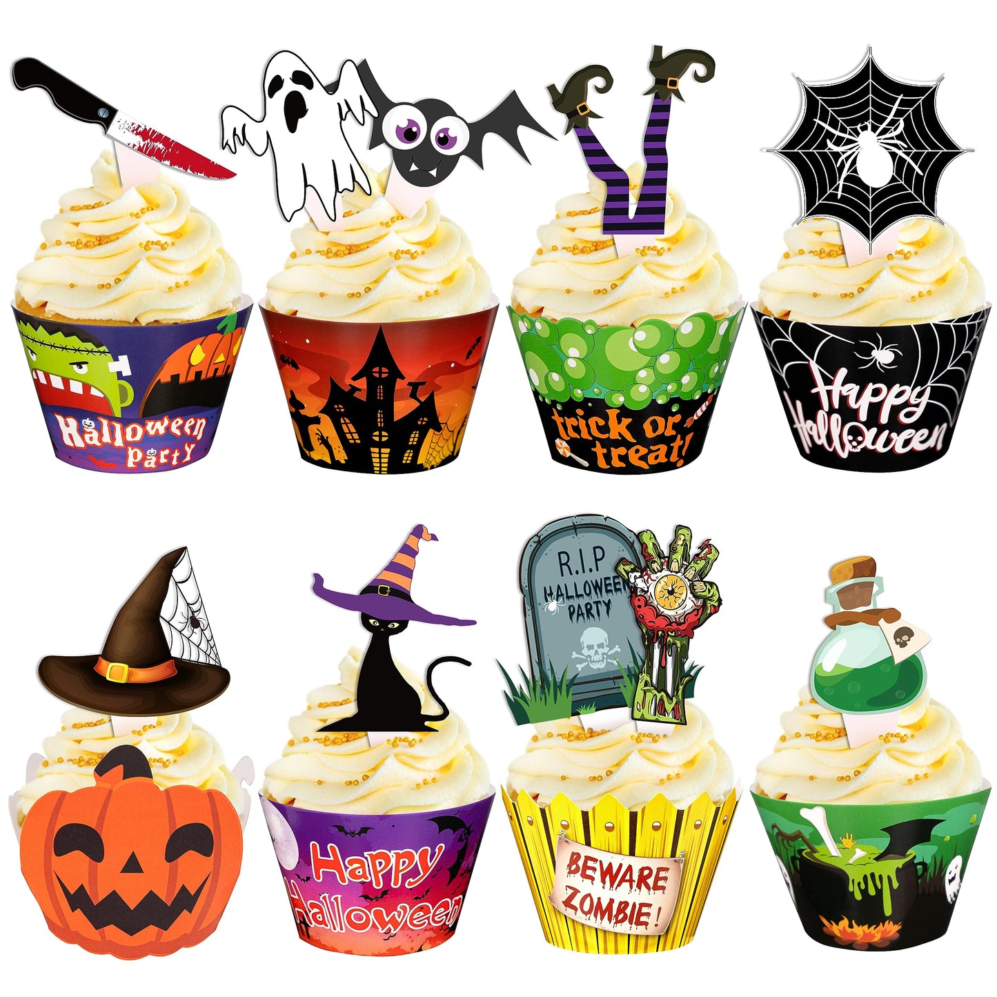 164PCS Halloween Cupcake Toppers Wrappers - Spider Web Pumpkin Zombie Hand Cake Party Decorations Supplies
